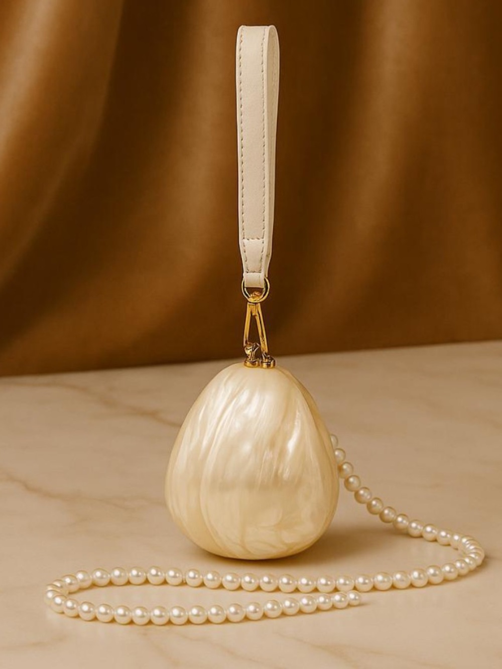 Pearl-Effect Cream ceramic Egg bag Wristlet with Pearl Chain